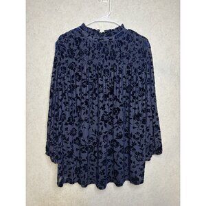 Womens Floral Navy Burnout Velvet Blouse Top Mock Neck Holiday Glam Chic Goth XL